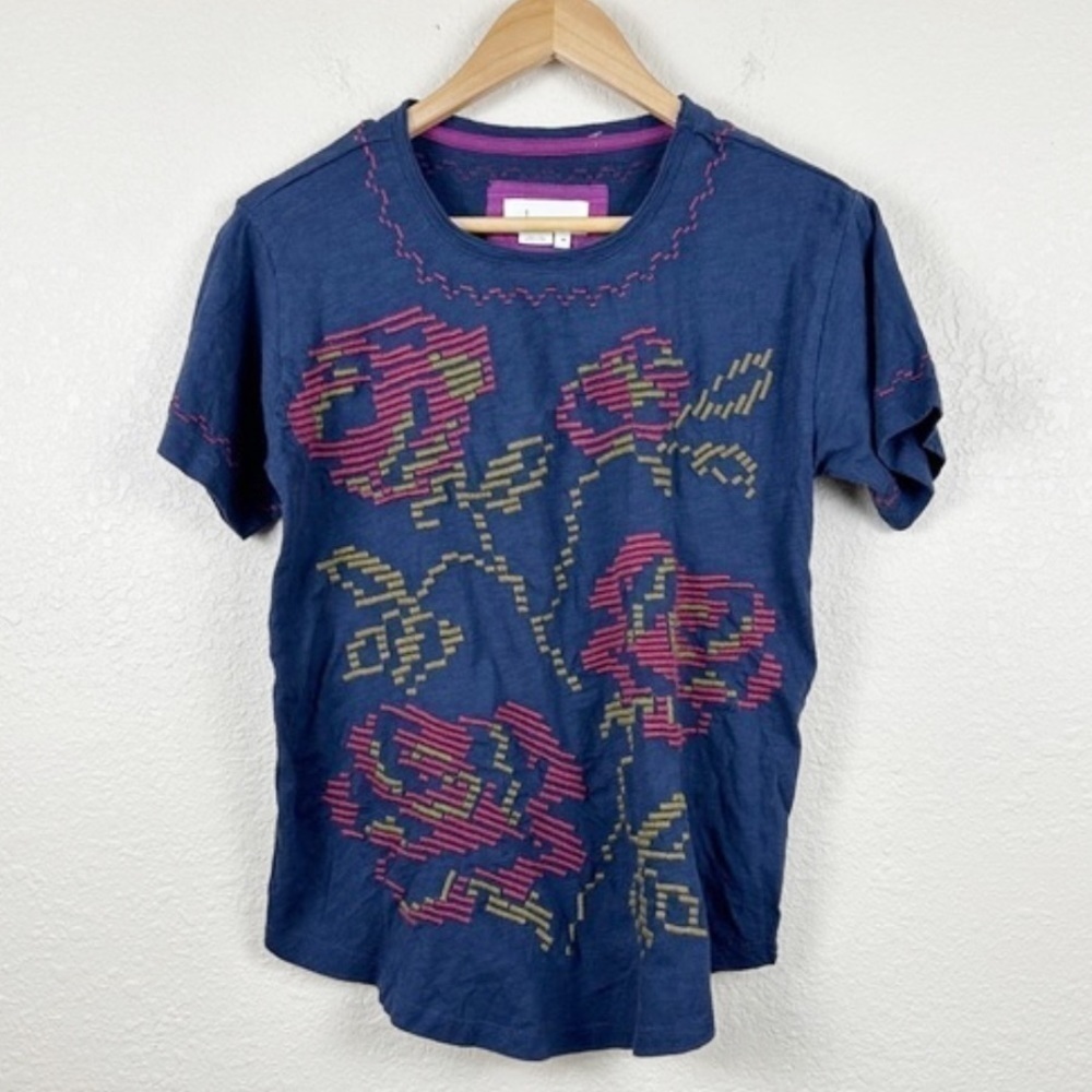 by Anthropologie Alice Embroidered Crew Neck Cotton Short Sleeve Top Size XS - Picture 2 of 12